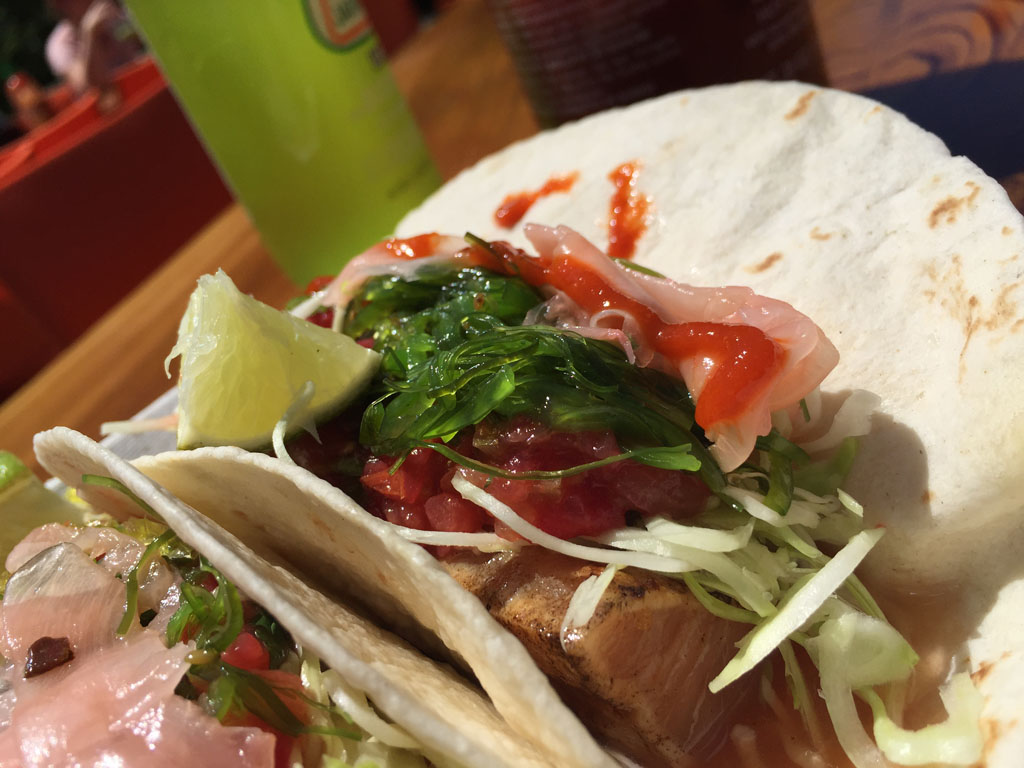 A fish taco held in one hand, slaw and salsa spilling out of the tortilla, Tofino